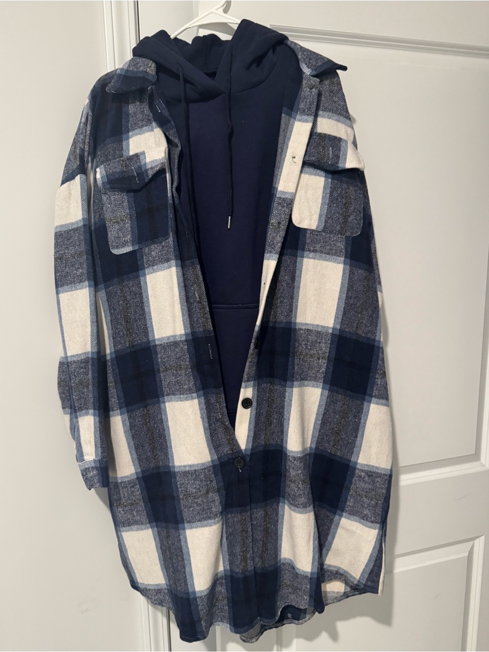 Navy Plaid Shacket with Navy Hoodie Dress